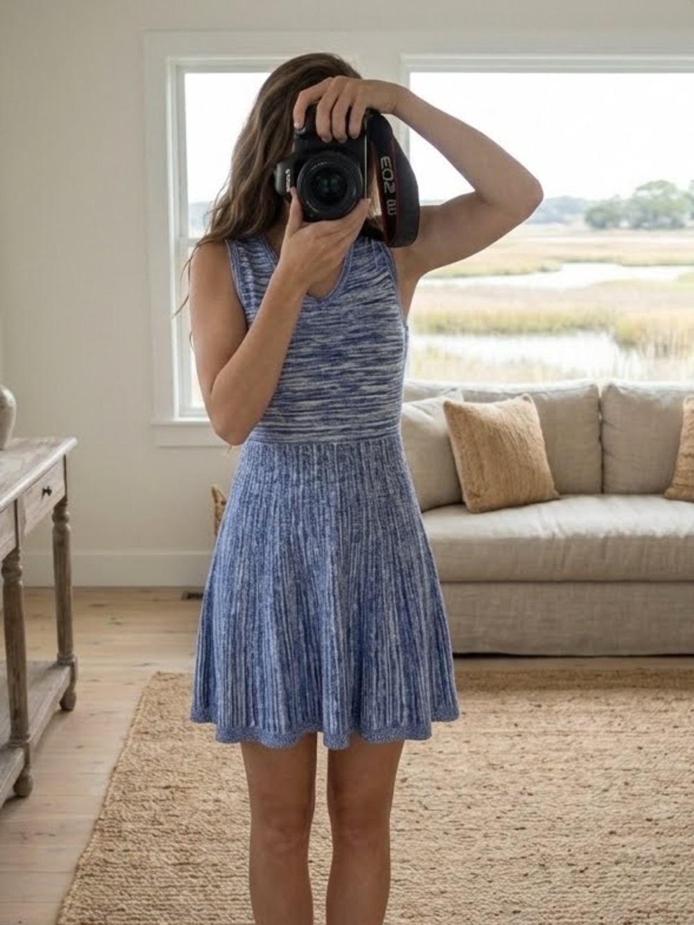 Jessica Simpson Blue White Dye Fit & Flare Sleeveless Knit Dress Small